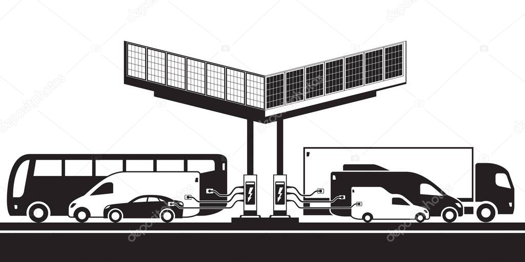 Different electric vehicles at charging station with solar panels  vector illustration