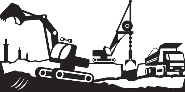 Gebouw opgravingen en transportmiddelen — Stockvector