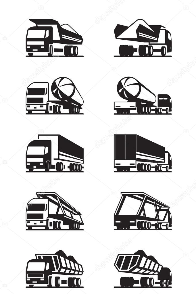 Different types of trucks with trailers