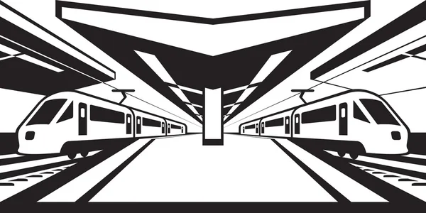 Plataforma de estación ferroviaria con trenes — Vector de stock