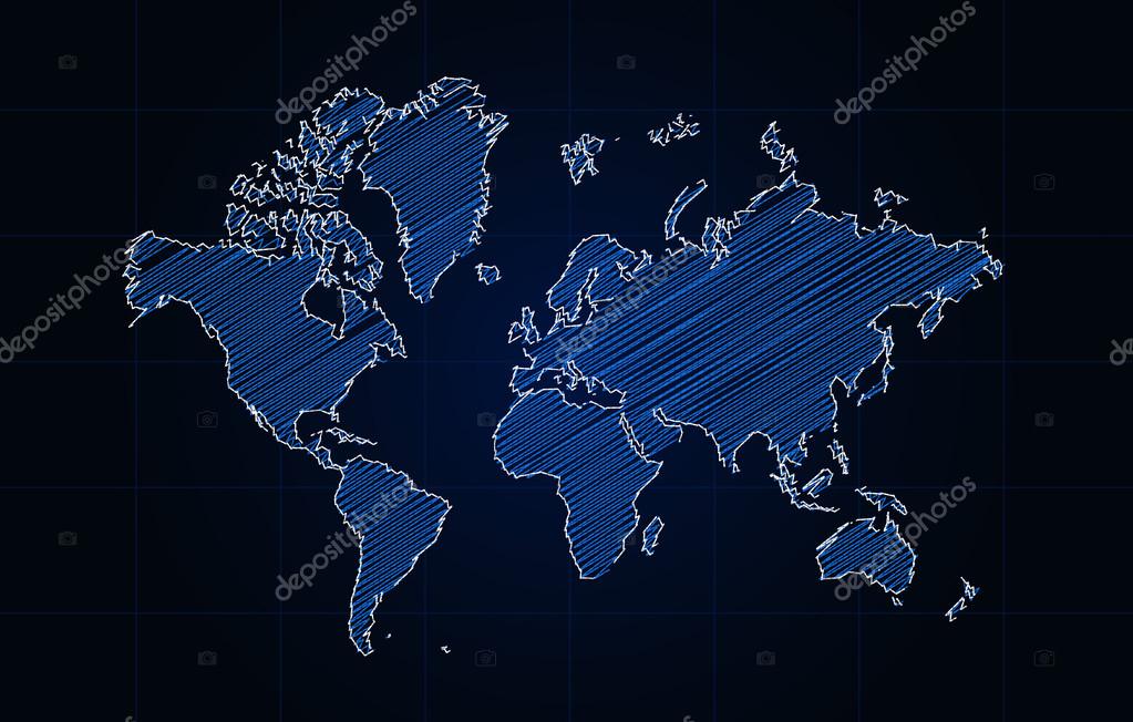 Pencil Sketch Of World Map Over Blue Background Stock