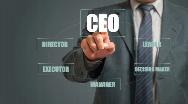 Hombre de negocios tocando una pantalla imaginaria y eligiendo CEO —  Fotos de Stock