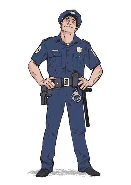 Smug policeman stands upright. Blue uniform — Stock Vector