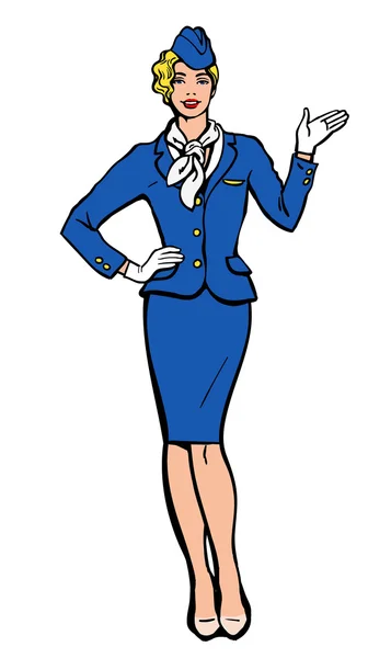 Stewardess in blue suit indicates information — Stok Vektör