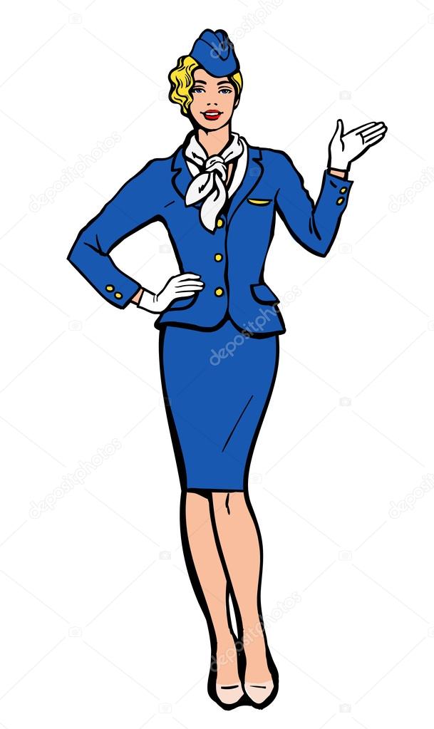 Stewardess in blue suit indicates information