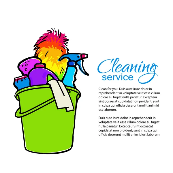 Seau avec nettoyants de nettoyage. Services de nettoyage . — Image vectorielle