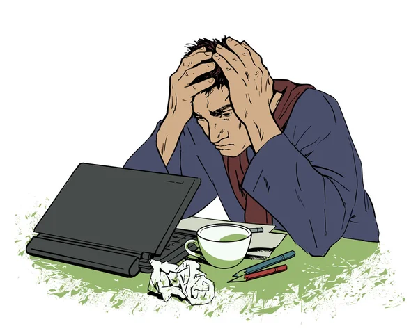 Ο άνθρωπος σε απόγνωση που κάθονται σε έναν υπολογιστή. Πονοκέφαλος — Διανυσματικό Αρχείο