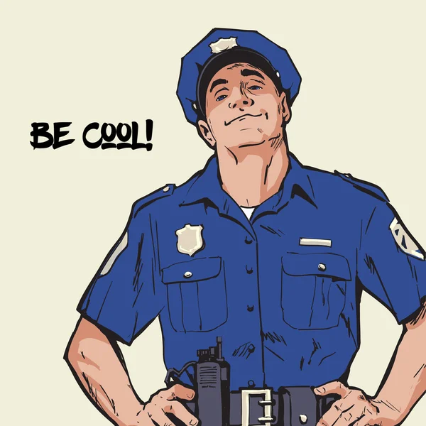 Αυτάρεσκο αστυνομικός στέκεται όρθια. Μπλε στολή — Διανυσματικό Αρχείο