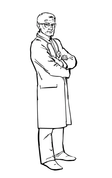 Παλιά αρσενικά γιατρός στέκεται χέρια δεμένα — Διανυσματικό Αρχείο