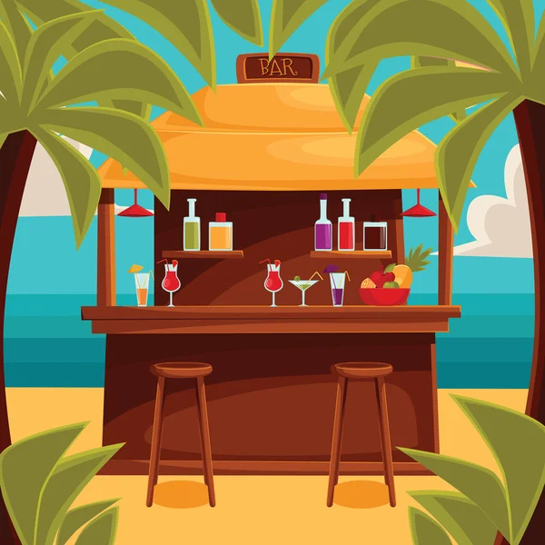 Καλοκαίρι μπαρ, καφέ στην παραλία με φοίνικες — Διανυσματικό Αρχείο