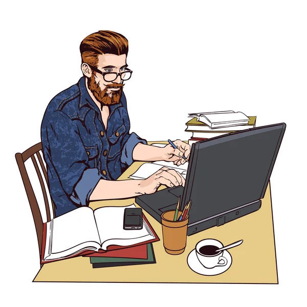 Hipster człowieka w dżinsowe w pracy. Duża liczba dokumentów — Zdjęcie stockowe