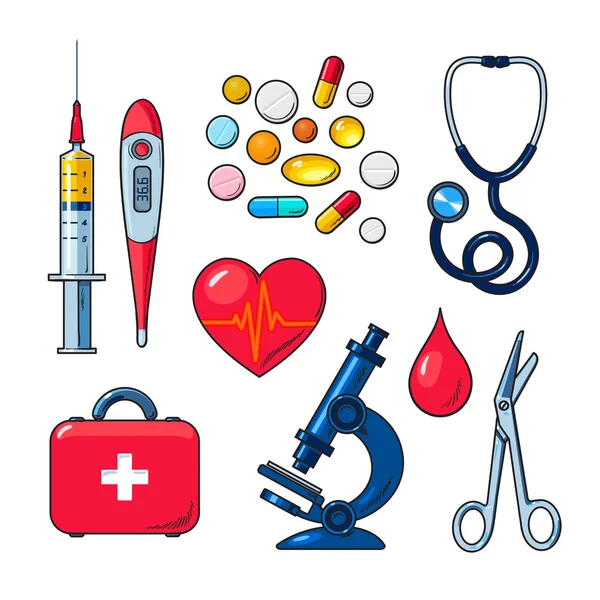 Set of medical icons isolated, color sketch — Stock Vector