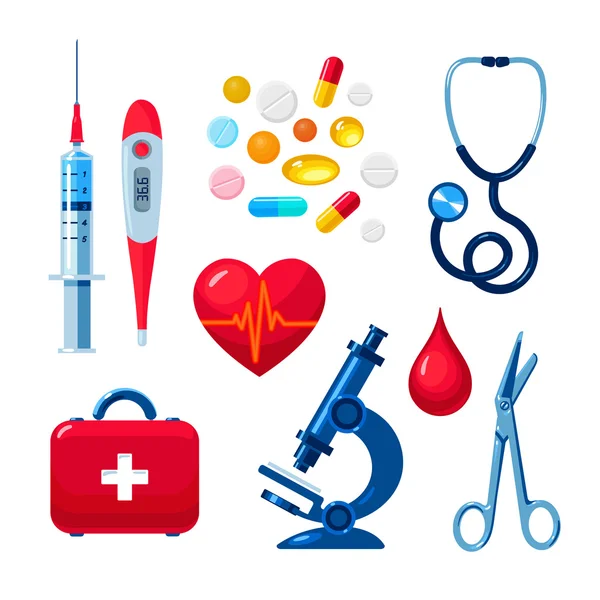 Set di icone mediche isolate, colore piatto — Vettoriale Stock