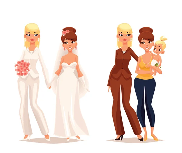 Boda lésbica, pareja con un niño — Vector de stock