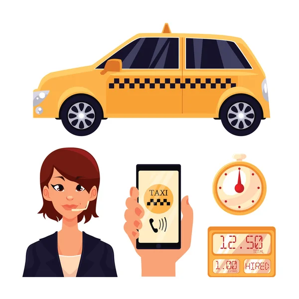 Ikona s dispečer taxi služeb a dopravy osob v autě — Stock fotografie
