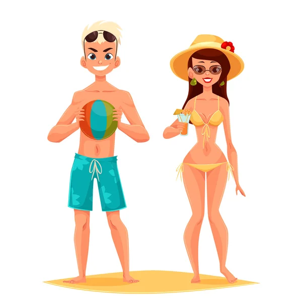 Мультфильм на пляже пара молодых людей — стоковый вектор