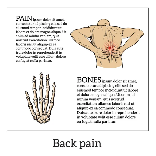Біль у спині у чоловіків, чорно-білий ескіз — стоковий вектор
