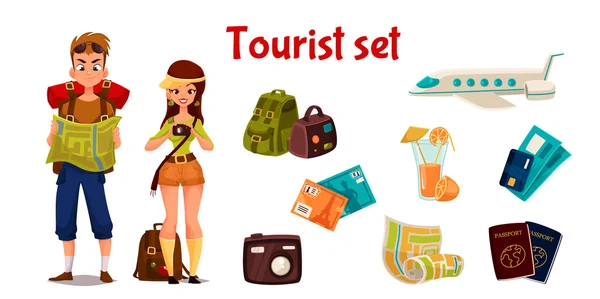 Icônes de voyage, définir des éléments de dessin animé de vacances — Image vectorielle