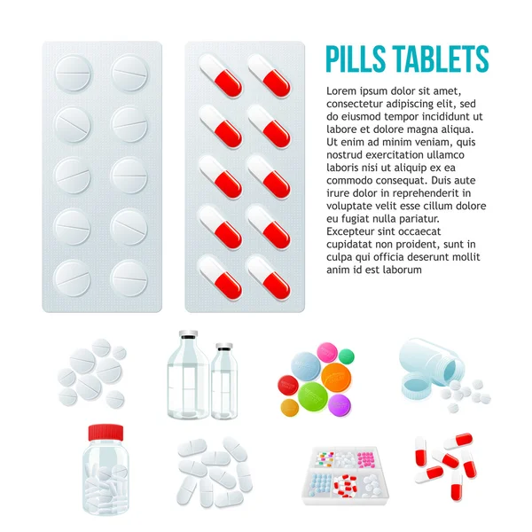 Variedad de medicamentos y píldoras, amplia gama — Vector de stock
