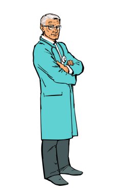Old male doctor standing arms crossed clipart