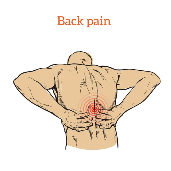 Dolor lumbar en hombres, boceto en blanco y negro — Vector de stock