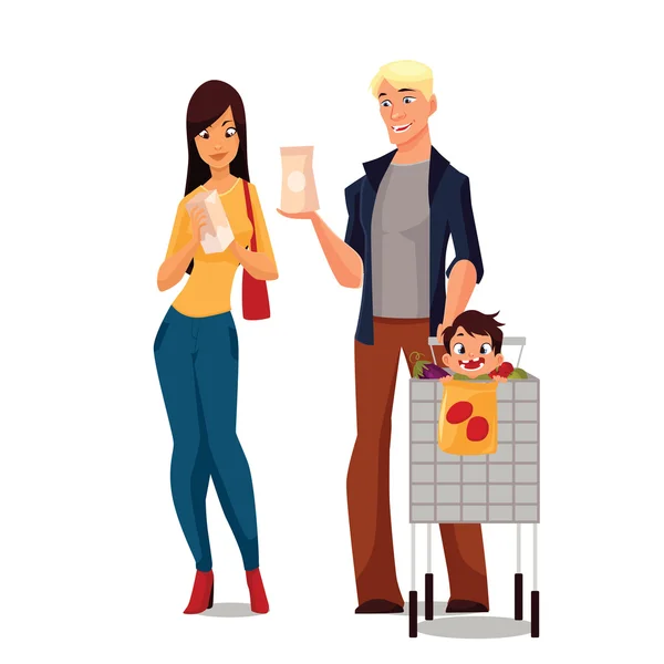 Purchase of food products cartoon young family — Stock Photo, Image