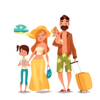 Family with two children and luggage arrived Vacation clipart