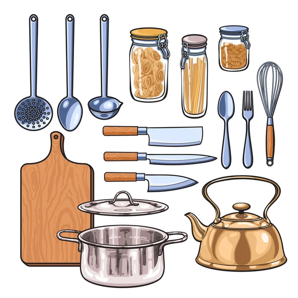 Utensilios de cocina en un estilo de boceto de color — Archivo Imágenes Vectoriales