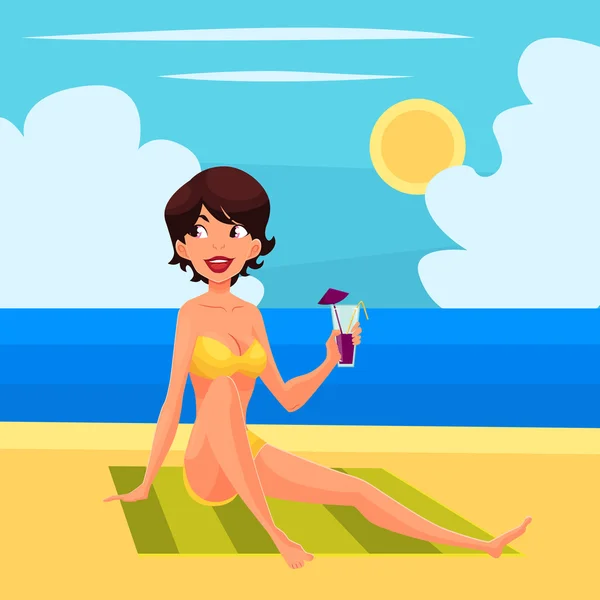 Holiday girl on a sunny sea shore, view from above — Stock Vector