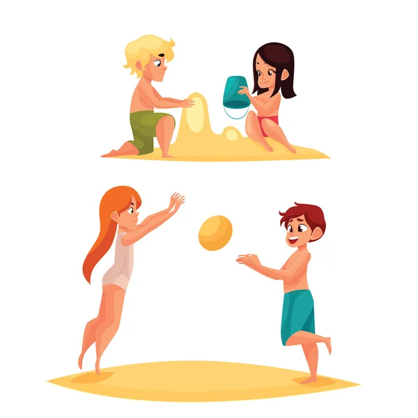 Niños jugando en la playa de arena — Vector de stock