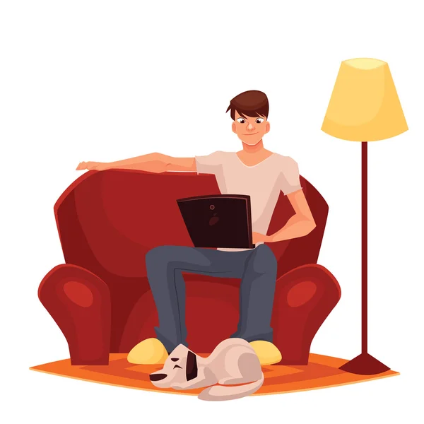 Hombre trabajando en casa en el sofá — Vector de stock