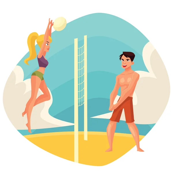 Jeune homme et femme jouant au volley-ball sur la plage — Image vectorielle