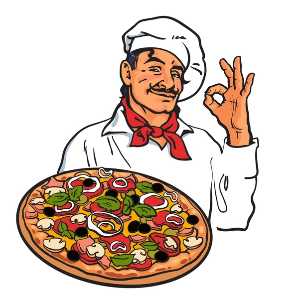 Boceto de un chef italiano sonriente sosteniendo pizza en su mano — Vector de stock