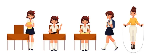 Chica de la escuela de dibujos animados de pie, sentado, caminando y saltando — Vector de stock