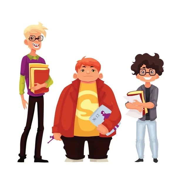 Elszigetelt rajzfilm stílusú nerds iskola fiú csoportja — Stock Vector