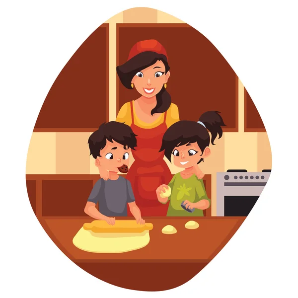 Matki i dzieci, przygotowanie ciasteczek w kuchni — Wektor stockowy