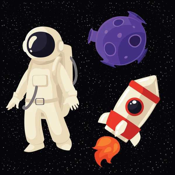 Conjunto de dibujos animados astronauta, cohete y planeta en el cosmos — Vector de stock