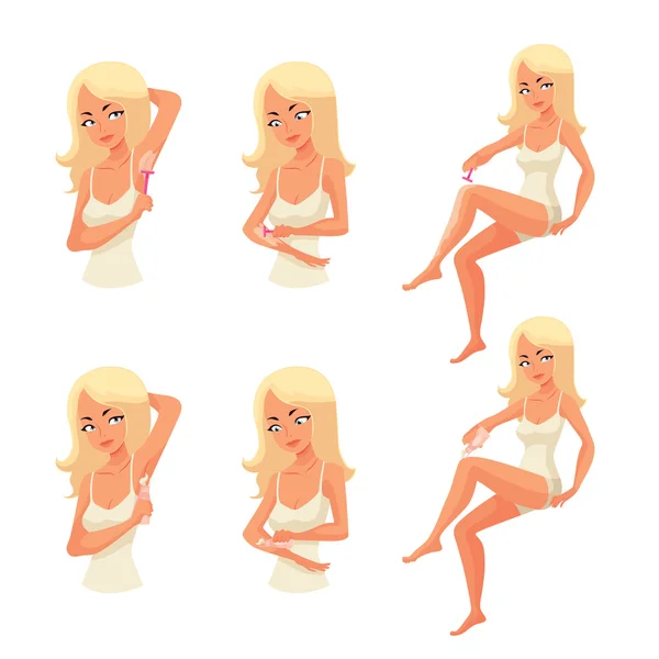 Jeune femme blonde rasant aisselle, bras et jambes — Image vectorielle