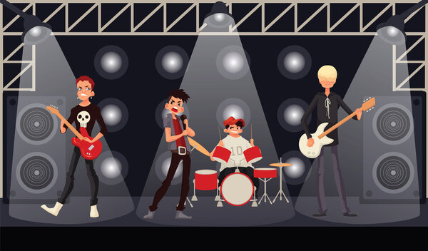 Rock band musicians perform on stage