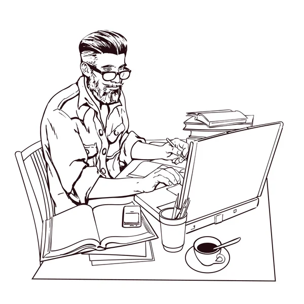 Ο άνθρωπος hipster σε ένα σακάκι τζιν στο χώρο εργασίας. Ένα μεγάλο αριθμό εγγράφων — Φωτογραφία Αρχείου