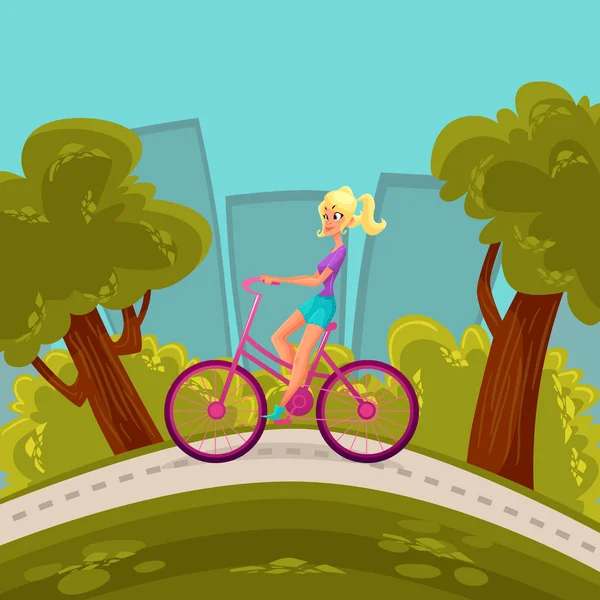 Девушка ездит на велосипеде по городу — стоковое фото