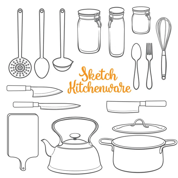 İzole mutfak eşyaları ve çatal bıçak takımı kroki tarzı vektör çizim — Stok Vektör