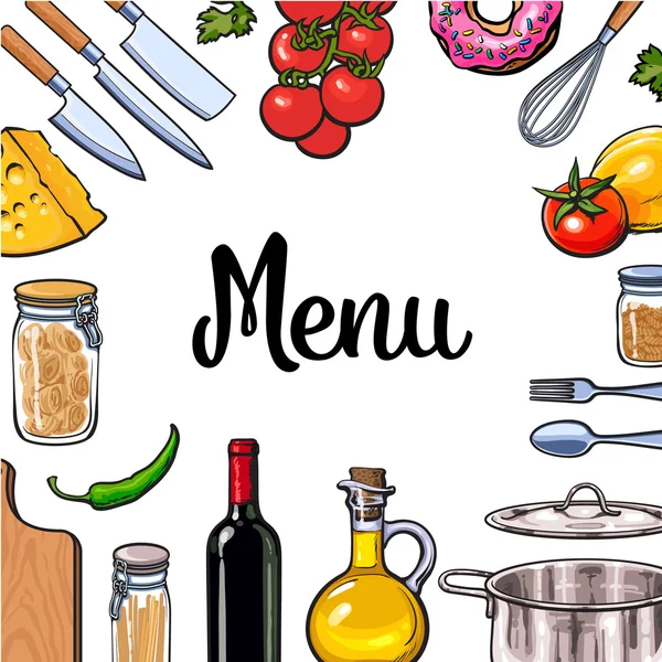 Vegetais quadrados, queijo de utensílios de cozinha e design de menu de massas — Vetor de Stock