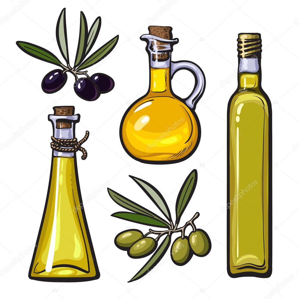 Set of olive oil bottles with black and green olives — Stock Vector