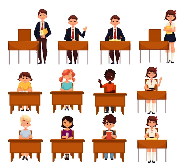 Set of school boys and girls sitting in the classroom — Stock Vector