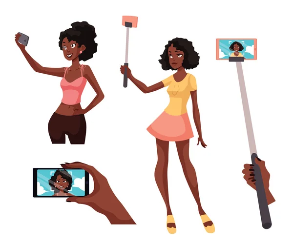 Conjunto de hermosas chicas negras tomando selfie con un smartphone — Vector de stock