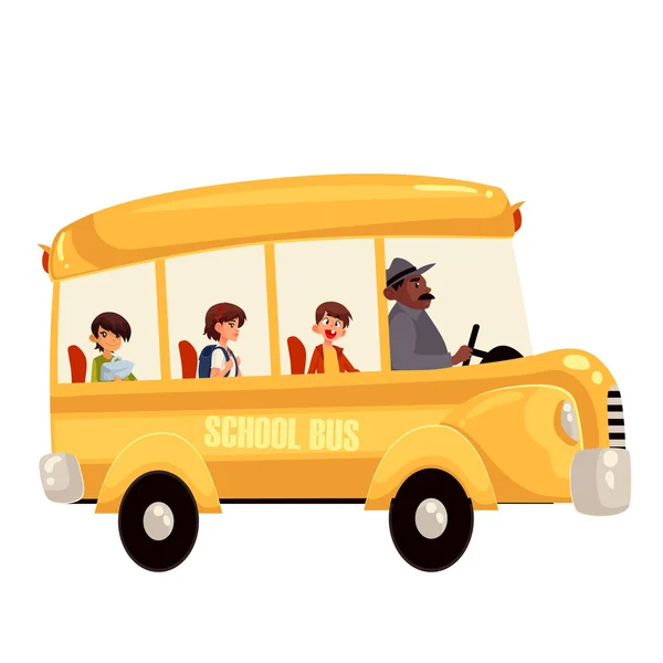 Happy primární studenti na koni školní autobus — Stockový vektor