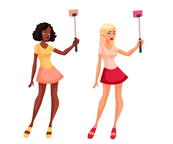 Conjunto de hermosas chicas negras tomando selfie con un smartphone — Vector de stock