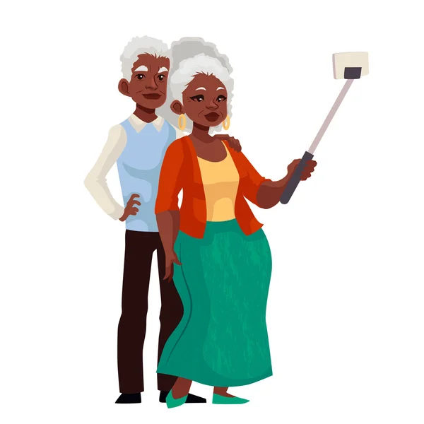 Anciano canoso africano americano pareja tomando selfie — Vector de stock