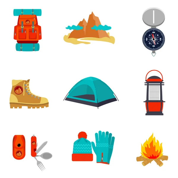 Camping uitrusting pictogrammen en symbolen — Stockvector